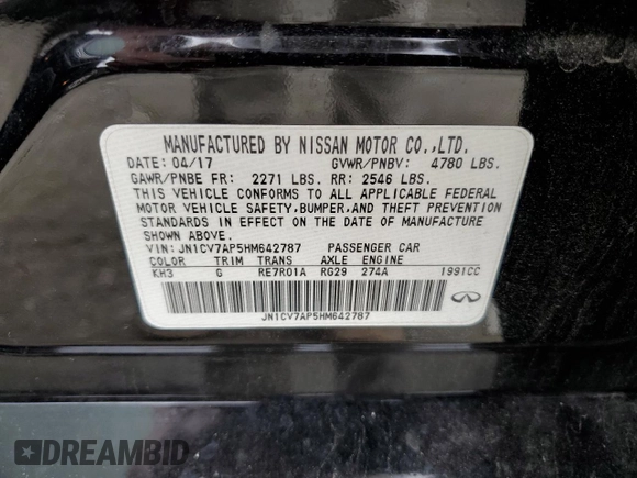2017 Infiniti Q50 2.0t with VIN JN1CV7AP5HM642787, listed as a Copart auction lot 63081264 with 170,128 mi miles and Salvage Title. Bid and sale history available at carsss.com. Image 12.