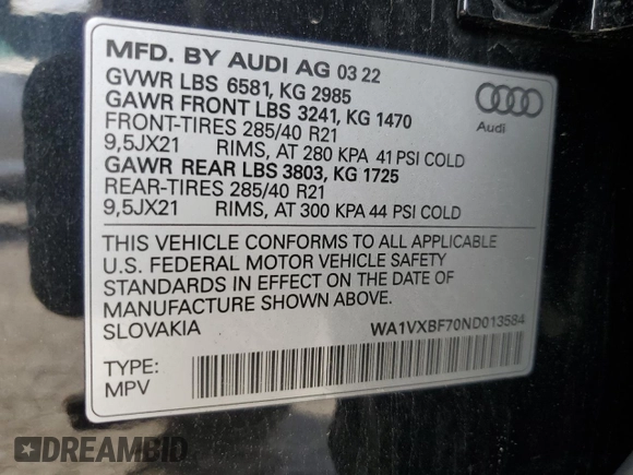 2022 Audi Q7 Prestige with VIN WA1VXBF70ND013584, listed as a Copart auction lot 54179315 with Not provided miles and Salvage title. Bid and sale history available at DreamBid. Image 13.