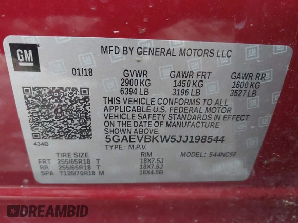 2018 Buick Enclave Premium with VIN 5GAEVBKW5JJ198544, listed as a IAAI auction lot 41553062 with 96,481 mi miles and . Bid and sale history available at carsss.com. Image 9.