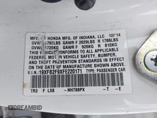 2015 Honda Civic Sedan EX-L with VIN 19XFB2F9XFE220171, listed as a IAAI auction lot 41904589 with 114,276 mi miles. Bid and sale history available at carsss.com. Image 9.