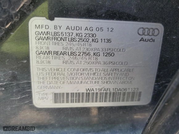 2013 Audi allroad Premium with VIN WA19FAFL1DA061123, listed as a Copart auction lot 64601404 with 113,792 mi miles and Salvage Title. Bid and sale history available at carsss.com. Image 12.