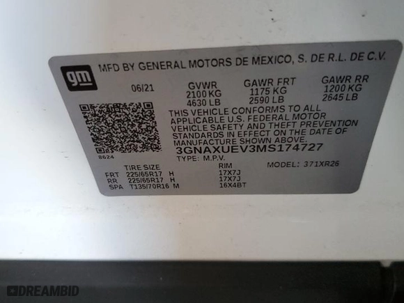 2021 Chevrolet Equinox LT with VIN 3GNAXUEV3MS174727, listed as a Copart auction lot 46063365 with 83,843 mi miles and Salvage Title. Bid and sale history available at carsss.com. Image 13.