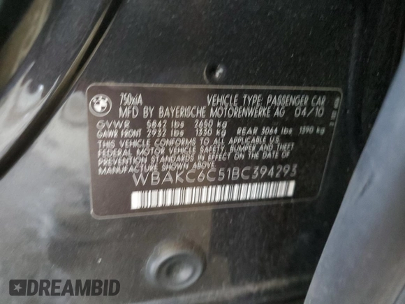 2011 BMW 7 Series 750i xDrive with VIN WBAKC6C51BC394293, listed as a Copart auction lot 55119865 with Not provided miles and Salvage title. Bid and sale history available at DreamBid. Image 12.