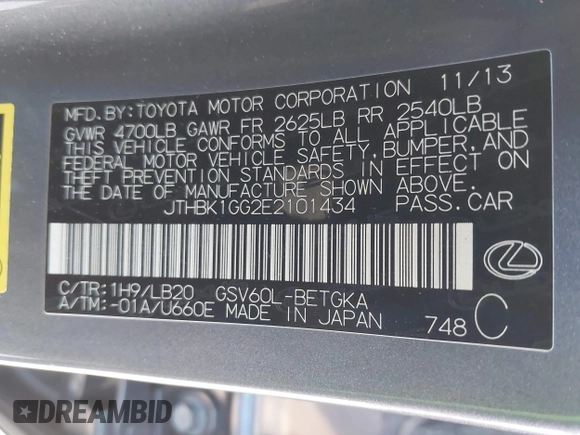 2014 Lexus ES 350 with VIN JTHBK1GG2E2101434, listed as a IAAI auction lot 41683044 with 145,771 mi miles. Bid and sale history available at carsss.com. Image 9.