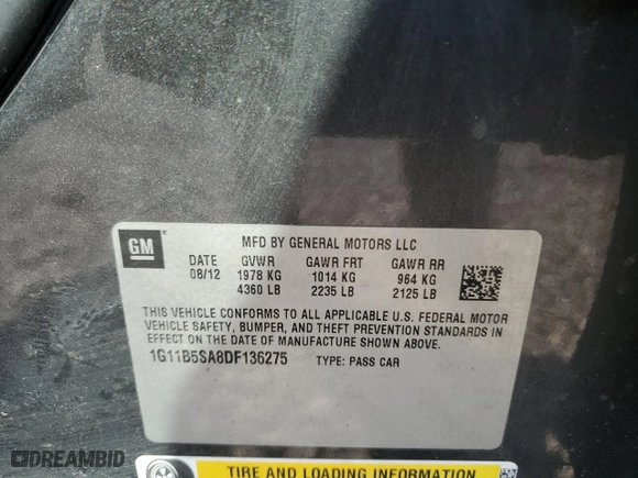 2013 Chevrolet Malibu LS with VIN 1G11B5SA8DF136275, listed as a Copart auction lot 48420015 with 190,664 mi miles and Salvage Title. Bid and sale history available at carsss.com. Image 15.