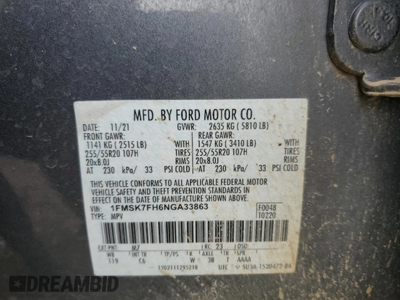 2022 Ford Explorer Limited z VIN 1FMSK7FH6NGA33863, wystawiony jako Copart lot #45323545 z przebiegiem 36 492 mil mil oraz Szkoda całkowita • Salvage title. Historia ofert i sprzedaży dostępna na DreamBid. Obrazek 15.