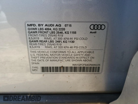 2016 Audi Q3 Prestige with VIN WA1GFCFS4GR005225, listed as a Copart auction lot 36504313 with 65,195 mi miles. Bid and sale history available at carsss.com. Image 15.