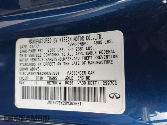 2017 Infiniti Q60 Sport with VIN JN1EV7EK2HM363661, listed as a IAAI auction lot 42016045 with 98,880 mi miles and . Bid and sale history available at DreamBid. Image 9.