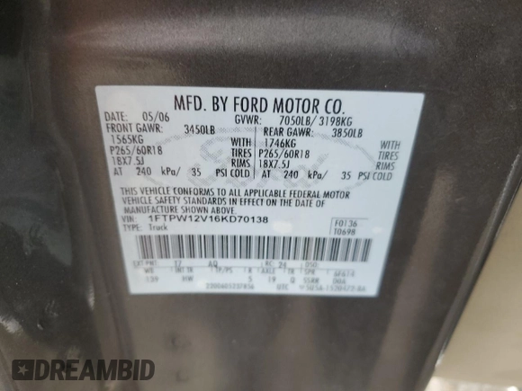 2006 Ford F-150 XLT with VIN 1FTPW12V16KD70138, listed as a Copart auction lot 61302585 with 226,024 mi miles and Salvage title. Bid and sale history available at DreamBid. Image 12.