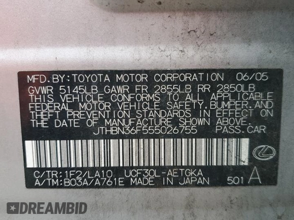 2005 Lexus LS 430 z VIN JTHBN36F555026755, wystawiony jako Copart lot #57506265 z przebiegiem 298 498 mil mil oraz Szkoda całkowita • Salvage title. Historia ofert i sprzedaży dostępna na DreamBid. Obrazek 13.