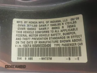 2009 Honda Civic LX z VIN 19XFA16589E035406, wystawiony jako IAAI lot #42361061 z przebiegiem 95 487 mil mil oraz . Historia ofert i sprzedaży dostępna na DreamBid. Obrazek 9.