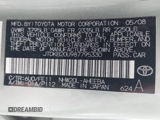 2008 Toyota Prius z VIN JTDKB20U987795330, wystawiony jako IAAI lot #42390791 z przebiegiem 176 251 mil mil oraz . Historia ofert i sprzedaży dostępna na DreamBid. Obrazek 9.