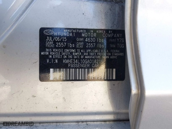2016 Hyundai Sonata Hybrid Limited with VIN KMHE34L10GA018216, listed as a IAAI auction lot 41281991 with 129,429 mi miles. Bid and sale history available at carsss.com. Image 9.