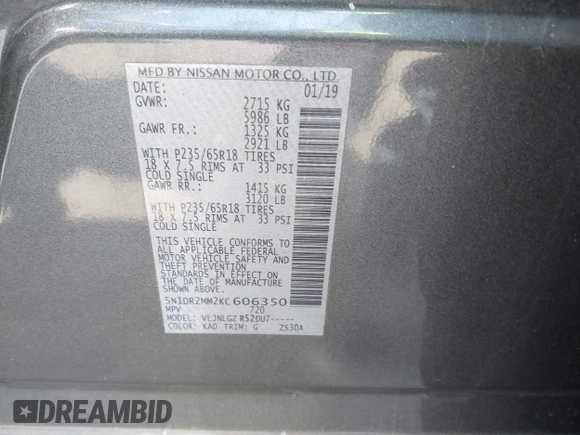 2019 Nissan Pathfinder SV with VIN 5N1DR2MM2KC606350, listed as a IAAI auction lot 41969036 with 103,478 mi miles and . Bid and sale history available at DreamBid. Image 9.