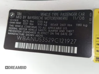 2009 BMW 5 Series 528i with VIN WBANU53529C121927, listed as a IAAI auction lot 42063066 with 195,322 mi miles and . Bid and sale history available at carsss.com. Image 9.