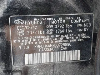 2013 Hyundai Elantra GLS PZEV with VIN KMHDH4AE7DU728890, listed as a IAAI auction lot 40365489 with 230,693 mi miles. Bid and sale history available at carsss.com. Image 9.