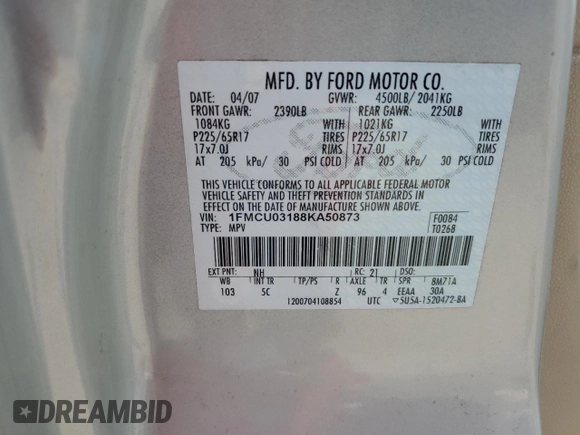 2008 Ford Escape XLT z VIN 1FMCU03188KA50873, wystawiony jako Copart lot #62108515 z przebiegiem 162 920 mil mil oraz Szkoda całkowita • Salvage title. Historia ofert i sprzedaży dostępna na DreamBid. Obrazek 13.