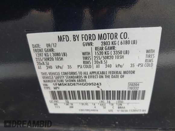 2017 Ford Explorer XLT с VIN 1FM5K8D87HGD95243, выставлен на аукционе IAAI как лот 42393470 с пробегом 133 772 миль миль и . История ставок и продаж доступна на DreamBid. Изображение 9.