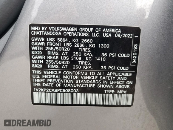 2023 Volkswagen Atlas SE с VIN 1V2KP2CA8PC508003, выставлен на аукционе Copart как лот 51321415 с пробегом 27 772 миль миль и Списание • Salvage title. История ставок и продаж доступна на DreamBid. Изображение 12.
