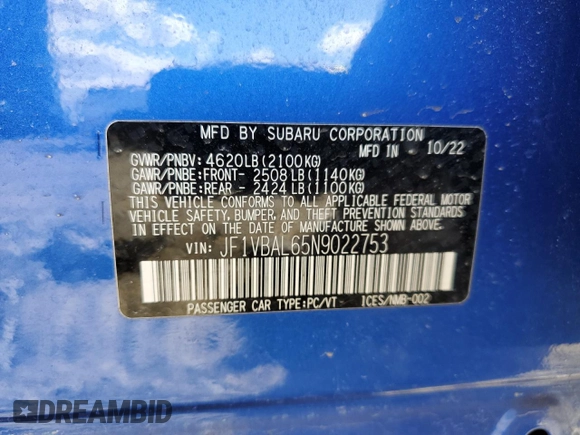 2022 Subaru WRX Limited с VIN JF1VBAL65N9022753, выставлен на аукционе Copart как лот 46425005 с пробегом 31 290 миль миль и Списание • Salvage title. История ставок и продаж доступна на DreamBid. Изображение 12.