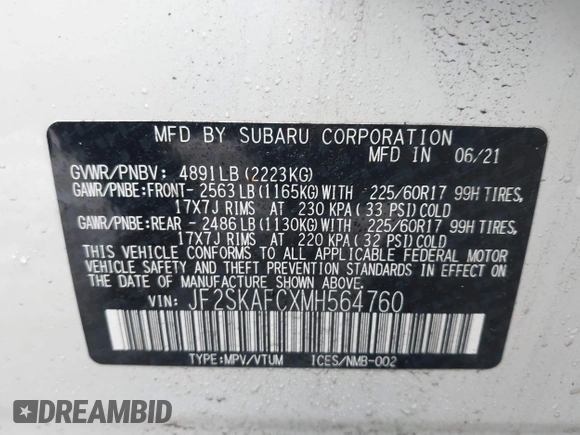 2021 Subaru Forester Premium with VIN JF2SKAFCXMH564760, listed as a IAAI auction lot 41452629 with 43,254 mi miles and . Bid and sale history available at DreamBid. Image 9.