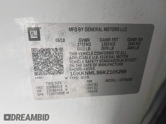 2019 GMC Acadia SLT with VIN 1GKKNMLS6KZ105269, listed as a IAAI auction lot 42550191 with 96,843 mi miles and . Bid and sale history available at DreamBid. Image 9.