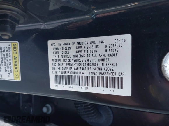 2017 Acura TLX V6 with VIN 19UUB2F30HA001844, listed as a IAAI auction lot 41803144 with 130,574 mi miles and . Bid and sale history available at DreamBid. Image 9.