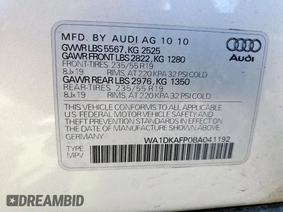 2011 Audi Q5 Premium Plus z VIN WA1DKAFP0BA041192, wystawiony jako Copart lot #54555265 z przebiegiem Nie podano mil oraz Szkoda całkowita • Salvage title. Historia ofert i sprzedaży dostępna na DreamBid. Obrazek 13.