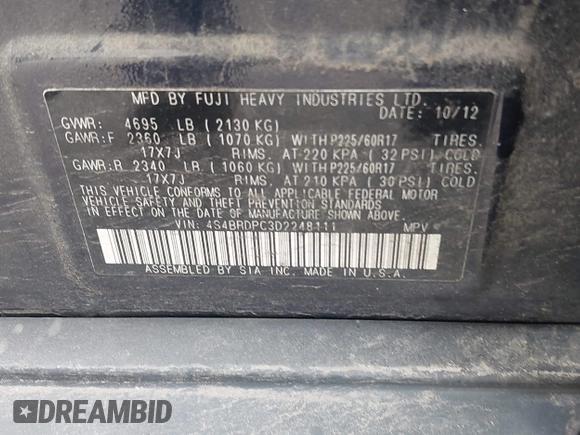 2013 Subaru Outback Limited with VIN 4S4BRDPC3D2248111, listed as a IAAI auction lot 42189980 with 154,480 mi miles and . Bid and sale history available at DreamBid. Image 9.