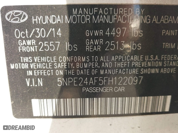 2015 Hyundai Sonata 2.4L SE with VIN 5NPE24AF5FH122097, listed as a IAAI auction lot 42065663 with 218,586 mi miles. Bid and sale history available at carsss.com. Image 9.