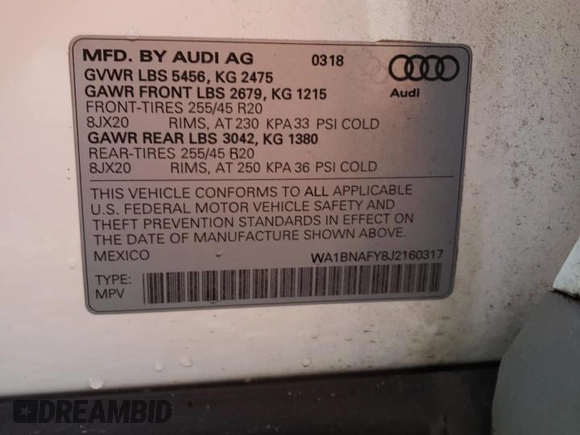 2018 Audi Q5 Premium Plus with VIN WA1BNAFY8J2160317, listed as a Copart auction lot 66857742 with 0 mi miles. Bid and sale history available at carsss.com. Image 10.