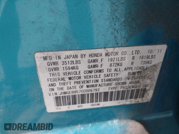 2012 Honda Fit Sport with VIN JHMGE8H57CC005793, listed as a IAAI auction lot 42227191 with 116,231 mi miles and . Bid and sale history available at DreamBid. Image 9.
