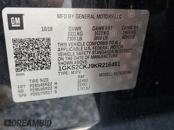 2019 GMC Yukon Denali with VIN 1GKS2CKJ9KR216491, listed as a Copart auction lot 45737455 with 52,955 mi miles and Salvage Title. Bid and sale history available at carsss.com. Image 13.