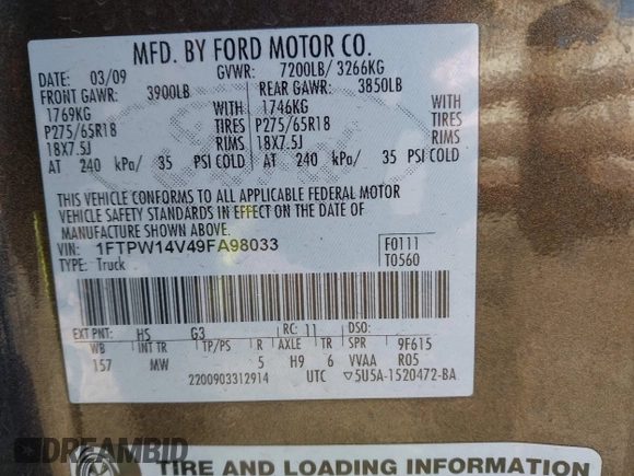 2009 Ford F-150 XL с VIN 1FTPW14V49FA98033, выставлен на аукционе IAAI как лот 41822035 с пробегом 209 727 миль миль и . История ставок и продаж доступна на DreamBid. Изображение 9.