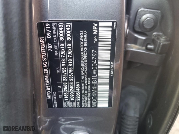 2020 Mercedes-Benz GLB with VIN WDC4M4HB1LW004797, listed as a Copart auction lot 43602195 with 76,949 mi miles and Salvage Title. Bid and sale history available at carsss.com. Image 13.