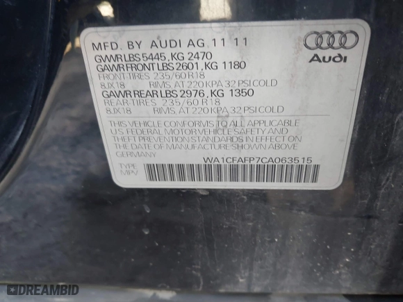 2012 Audi Q5 2.0T Premium with VIN WA1CFAFP7CA063515, listed as a IAAI auction lot 41698955 with 142,270 mi miles. Bid and sale history available at carsss.com. Image 9.