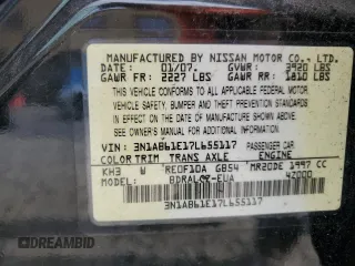 2007 Nissan Sentra 2.0 with VIN 3N1AB61E17L655117, listed as a Copart auction lot 53858115 with 225,692 mi miles and Salvage Title. Bid and sale history available at DreamBid. Image 13.