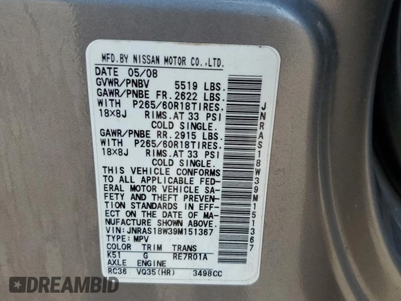 2009 Infiniti FX with VIN JNRAS18W39M151367, listed as a Copart auction lot 69659994 with 199,736 mi miles and Non Repairable. Bid and sale history available at DreamBid. Image 15.