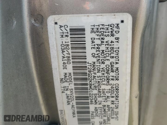 1998 Toyota Camry LE с VIN JT2BG22K8W0122346, выставлен на аукционе Copart как лот 56286295 с пробегом Не указан миль и Списание • Salvage title. История ставок и продаж доступна на DreamBid. Изображение 12.