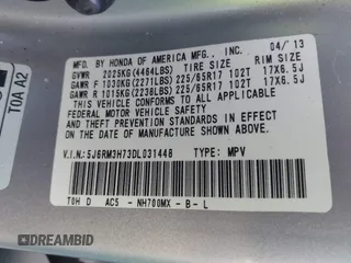 2013 Honda CR-V EX-L with VIN 5J6RM3H73DL031448, listed as a IAAI auction lot 42058218 with 132,137 mi miles and . Bid and sale history available at DreamBid. Image 9.