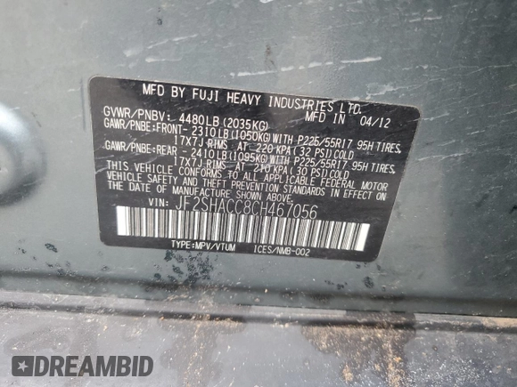 2012 Subaru Forester X Premium with VIN JF2SHACC8CH467056, listed as a Copart auction lot 56071135 with Not provided miles and Salvage title. Bid and sale history available at DreamBid. Image 12.
