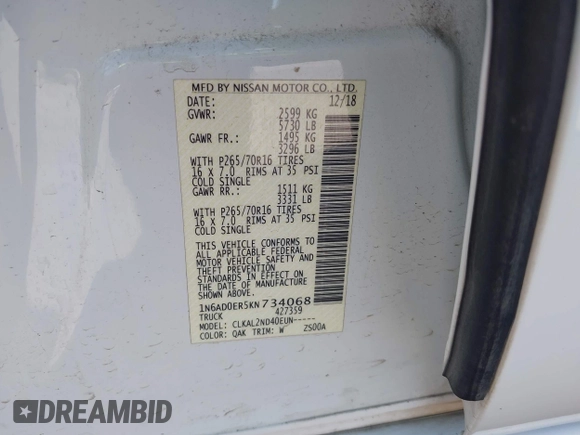 2019 Nissan Frontier SV z VIN 1N6AD0ER5KN734068, wystawiony jako IAAI lot #42238299 z przebiegiem 121 153 mil mil oraz . Historia ofert i sprzedaży dostępna na DreamBid. Obrazek 9.