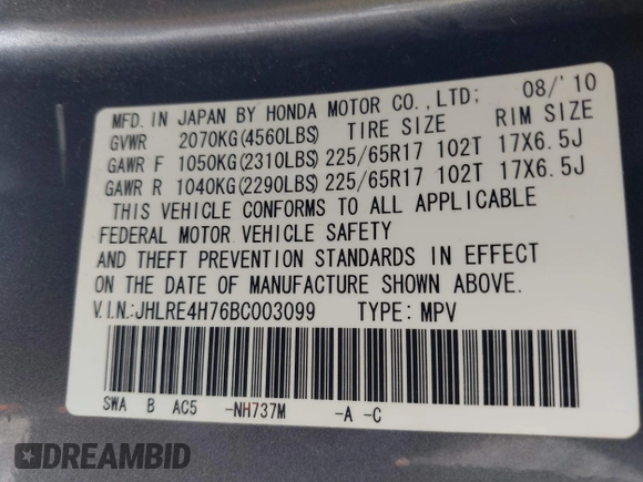 2011 Honda CR-V EX-L with VIN JHLRE4H76BC003099, listed as a IAAI auction lot 42115963 with 166,297 mi miles. Bid and sale history available at carsss.com. Image 9.