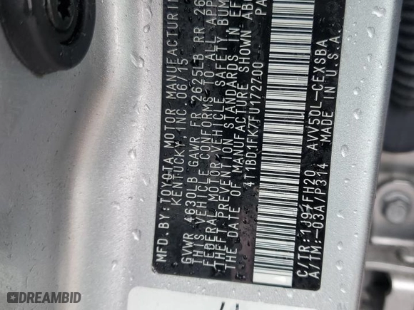 2015 Toyota Camry Hybrid LE with VIN 4T1BD1FK7FU172700, listed as a Copart auction lot 51526755 with 174,399 mi miles and Salvage Title. Bid and sale history available at carsss.com. Image 12.