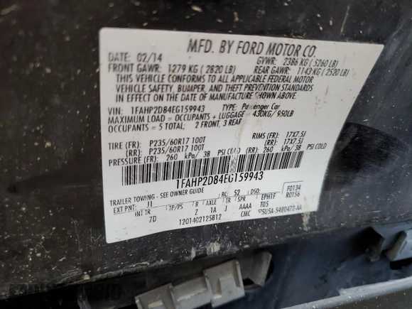 2014 Ford Taurus SE с VIN 1FAHP2D84EG159943, выставлен на аукционе Copart как лот 54629795 с пробегом 202 102 миль миль и Списание • Salvage title. История ставок и продаж доступна на DreamBid. Изображение 12.