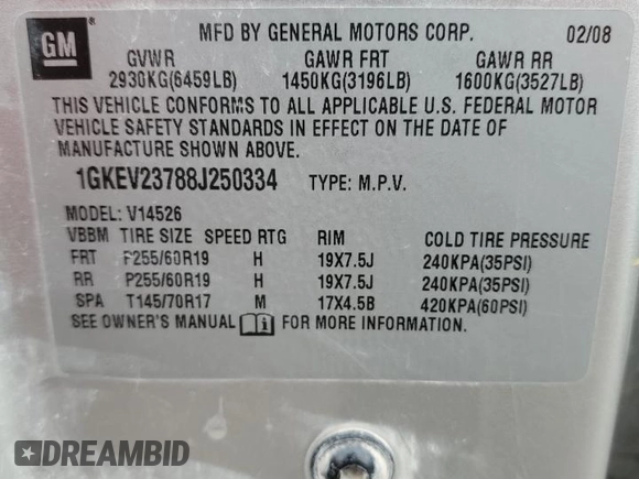 2008 GMC Acadia SLT1 z VIN 1GKEV23788J250334, wystawiony jako Copart lot #54162695 z przebiegiem 216 833 mil mil oraz Szkoda całkowita • Salvage title. Historia ofert i sprzedaży dostępna na DreamBid. Obrazek 14.