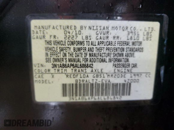2010 Nissan Sentra S with VIN 3N1AB6AP6AL686842, listed as a Copart auction lot 55884875 with 166,624 mi miles and Salvage title. Bid and sale history available at DreamBid. Image 12.
