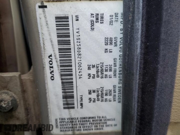 2002 Volvo V70 with VIN YV1SZ58D821062434, listed as a Copart auction lot 61400425 with 279,631 mi miles and Clean title. Bid and sale history available at DreamBid. Image 12.