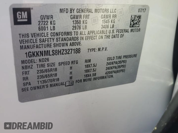 2017 GMC Acadia SLT with VIN 1GKKNMLS8HZ327188, listed as a Copart auction lot 49302665 with 82,166 mi miles and Salvage Title. Bid and sale history available at carsss.com. Image 15.