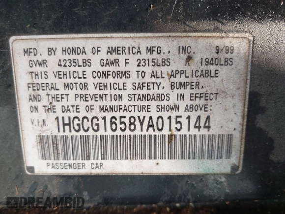 2000 Honda Accord EX с VIN 1HGCG1658YA015144, выставлен на аукционе IAAI как лот 42303853 с пробегом 286 846 миль миль и . История ставок и продаж доступна на DreamBid. Изображение 9.